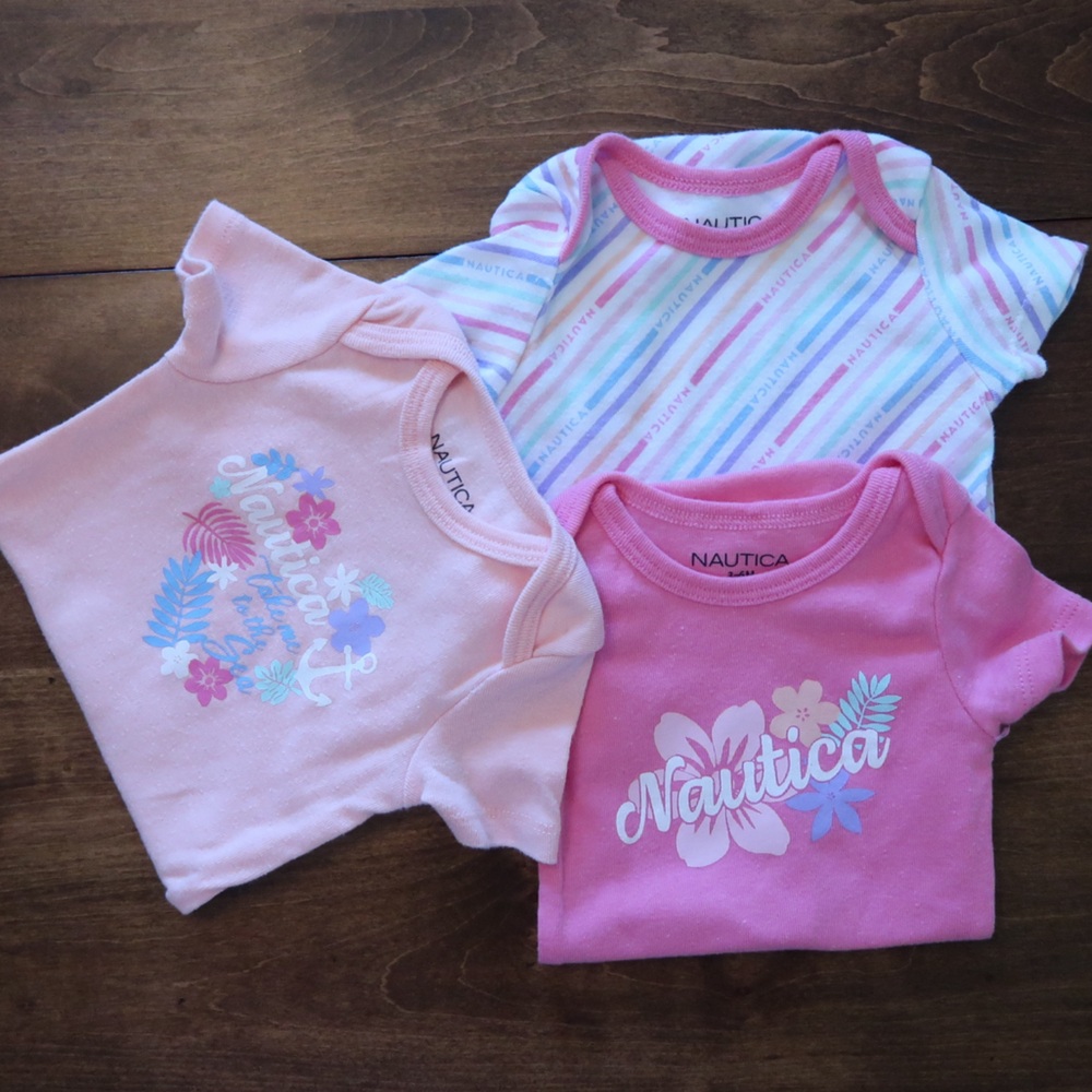 Set of 3 Nautica Baby Onesies in Pink and Stripes with Tropical Floral Design